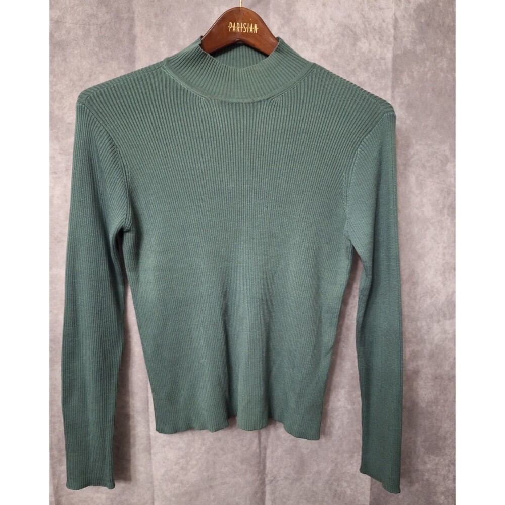 Vintage Y2K 100% Silk Ribbed Knit Top Women's Large High Neck Long Sleeve Career